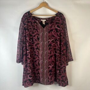 Covington Tunic Top Women 24-26W Pink Purple Paisley Sheer 3/4 Sleeve V-Neck
